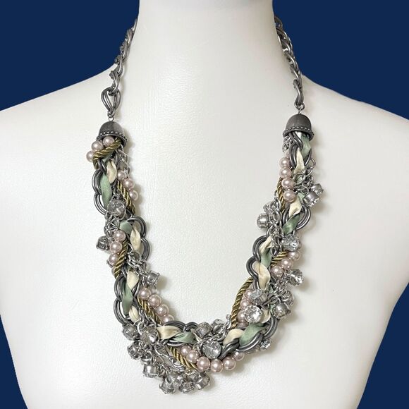 LOFT Chunky Rhinestone Statement Necklace Silver Tone Chain Ribbon Cord Braided - Picture 9 of 9
